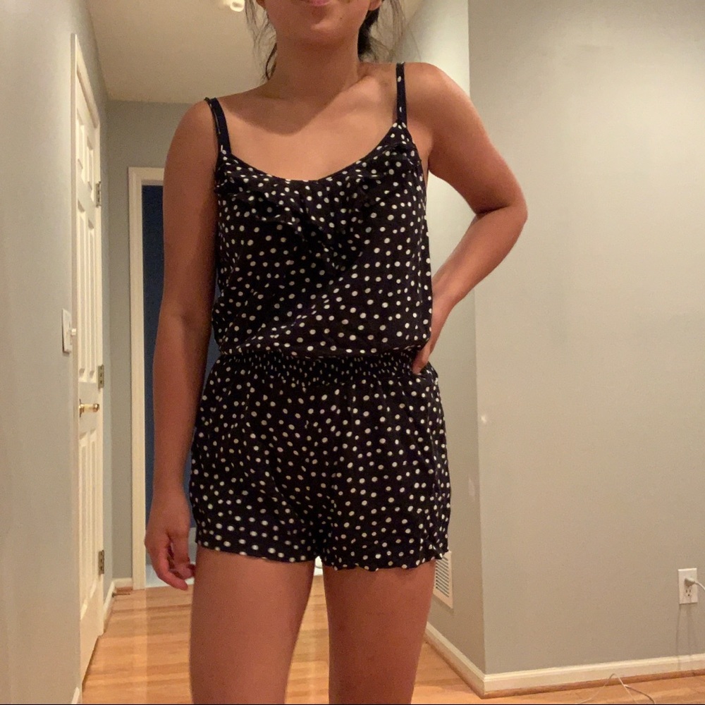 Black and white polka dotted romper